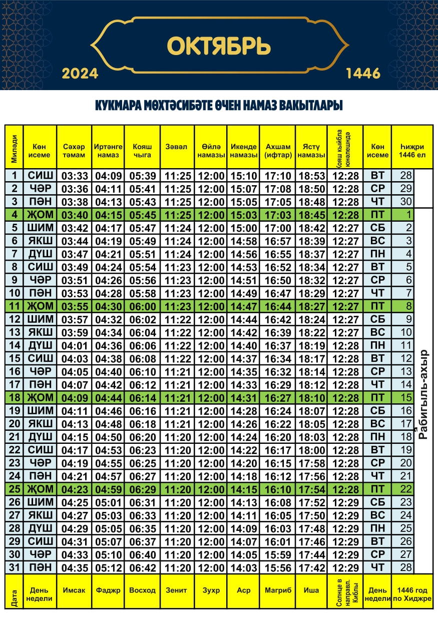 Октябрь аена намаз вакытлары.