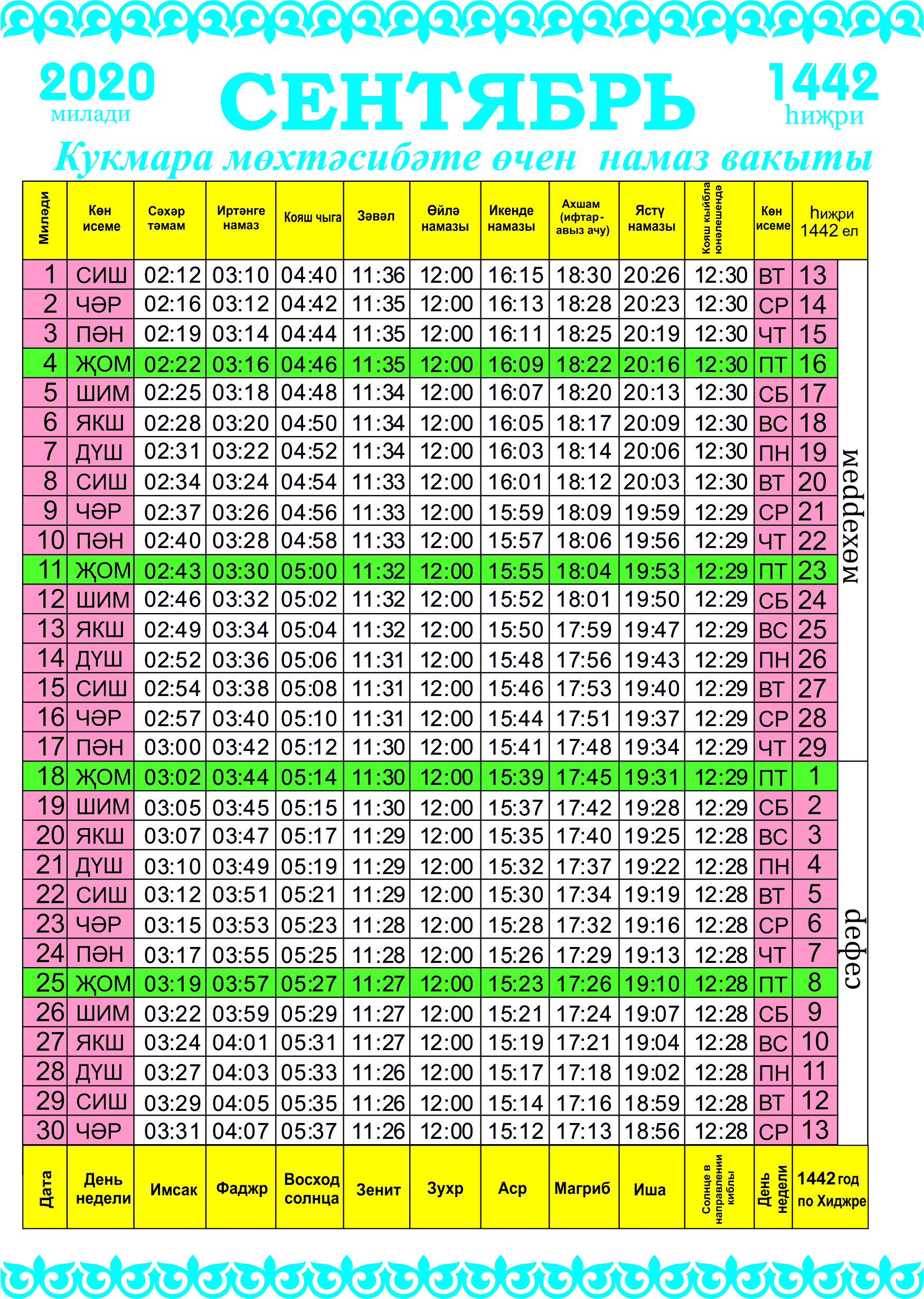 Календарь намаза на год Сентябрь аена намаз вакытлары